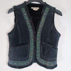 AMI Womens Leather Vest Faux Fur  Embroidered‎ Small Boho Scandinavian  Hippie
